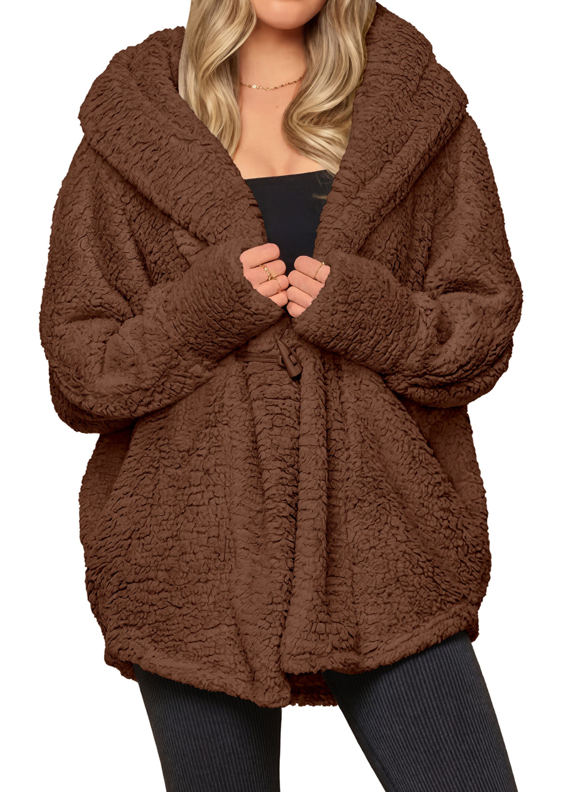 PRETTYGARDEN Women's Winter Warm Coats Hooded Faux Fur Sherpa Jacket  Fuzzy Fleece, Thumb Holes, Long Sleeve Pockets, Teddy Bear Jackets, Trendy Casual Fall Clothes, Holiday Going Out Outfits