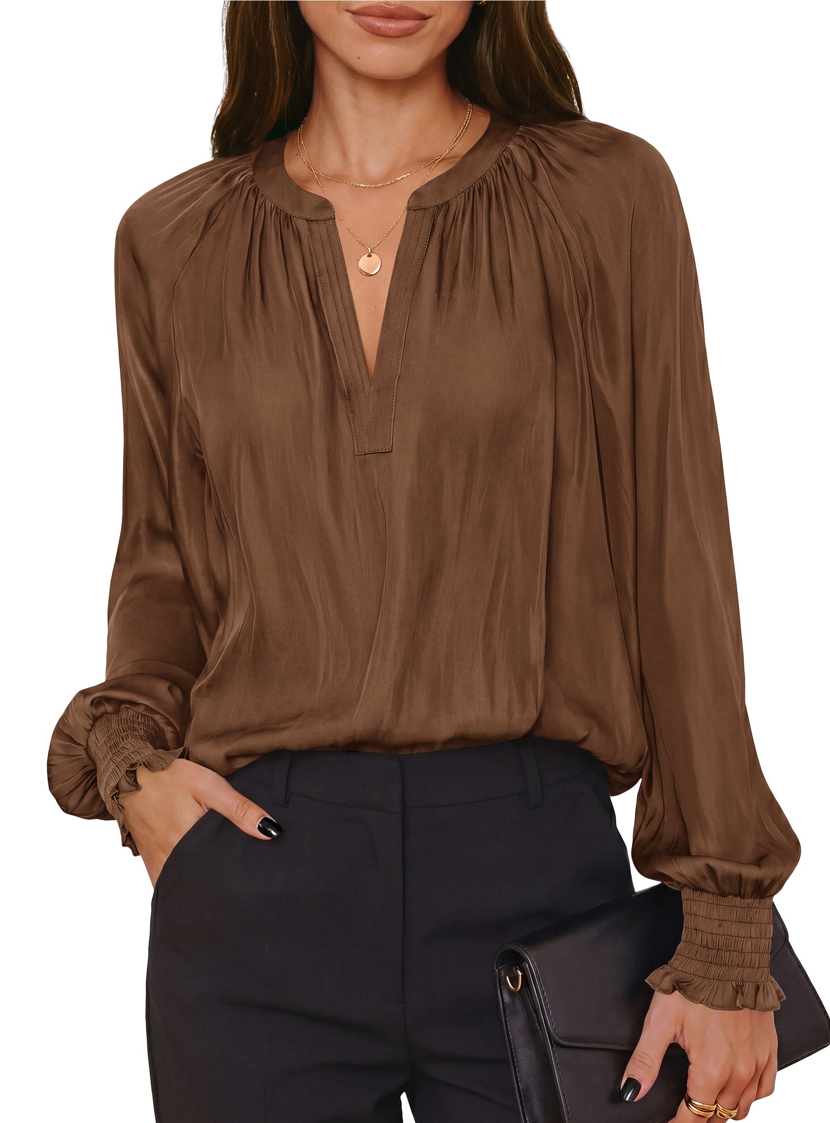 PRETTYGARDEN Women's Satin Blouses V Neck Long Sleeve Tops | Dressy Silk Shirts, Smocked Cuff, Balloon Sleeves, Smooth & Soft, Work Office Wear, Business Casual Outfits, Fall Clothes