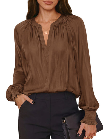 PRETTYGARDEN Women's Satin Blouses V Neck Long Sleeve Tops | Dressy Silk Shirts, Smocked Cuff, Balloon Sleeves, Smooth & Soft, Work Office Wear, Business Casual Outfits, Fall Clothes