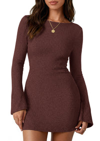 PRETTYGARDEN Womens Fall Bell Long Sleeve Mini Dress 2026 Casual Boat Neck Ribbed Bodycon Short Party Cocktail Dresses