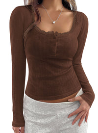 PRETTYGARDEN Womens Long Sleeve Henley Shirts Going Out Tops  Lace Trim Square Neck, Slim Fitted Basic Tees, Soft Comfy Jacquard Fabric, Casual Wear, Fall Outfits, Y2K Fashion Clothing