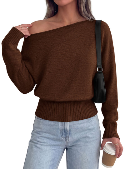 PRETTYGARDEN Womens Off The Shoulder Sweater Fall Fashion | Soft Stretchy Knit Fabric, Batwing Long Sleeve Cinched Waist Cropped Sweaters, Date Night Outfit, Asymmetrical Going Out Tops