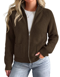 PRETTYGARDEN Womens Zip Up Cardigan Sweaters with Pockets Fall Jackets Stand Collar Long Sleeve Ribbed Knit Sweater, Chunky Loose Fit Open Front Short Cardigans, Fashion Winter Coats Outerwear