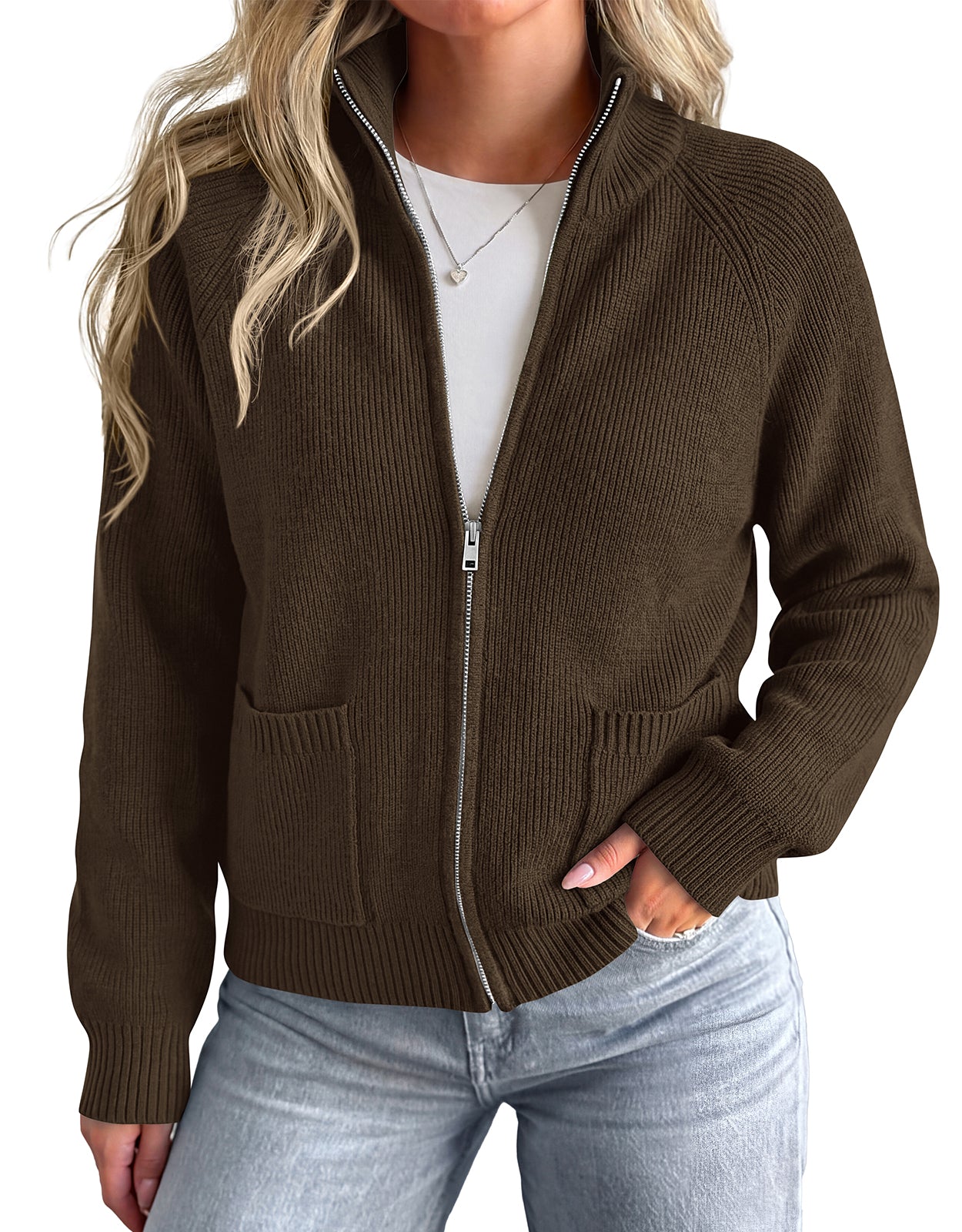 PRETTYGARDEN Womens Zip Up Cardigan Sweaters with Pockets Fall Jackets Stand Collar Long Sleeve Ribbed Knit Sweater, Chunky Loose Fit Open Front Short Cardigans, Fashion Winter Coats Outerwear