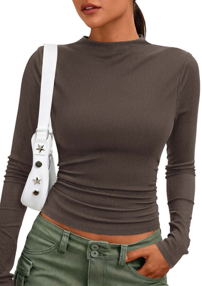 PRETTYGARDEN Womens Tops Casual Mock Neck Long Sleeve Shirts | Soft Stretchy Ribbed Knit, Ruched Slim Fit, Going Out Tops, Work, Date Outfits, Y2K Clothes, 2026 Fall Winter Basic Layering