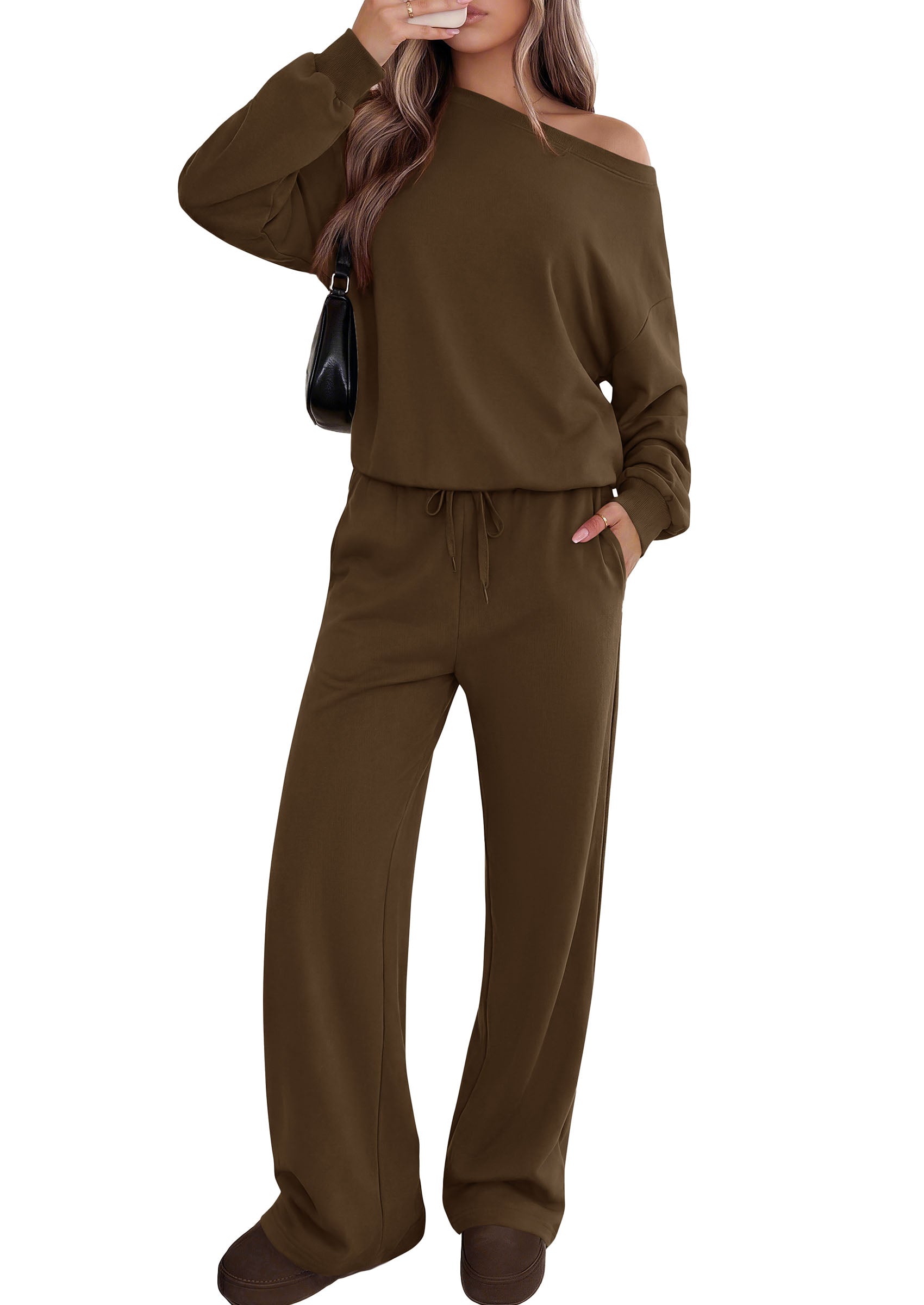 PRETTYGARDEN Womens 2 Piece Casual Matching Lounge Sets  Fashion Off the Shoulder Sweatshirt, Wide Leg Pants with Pockets, Comfy Airport Travel Outfit, 2026 Trendy Fall Set