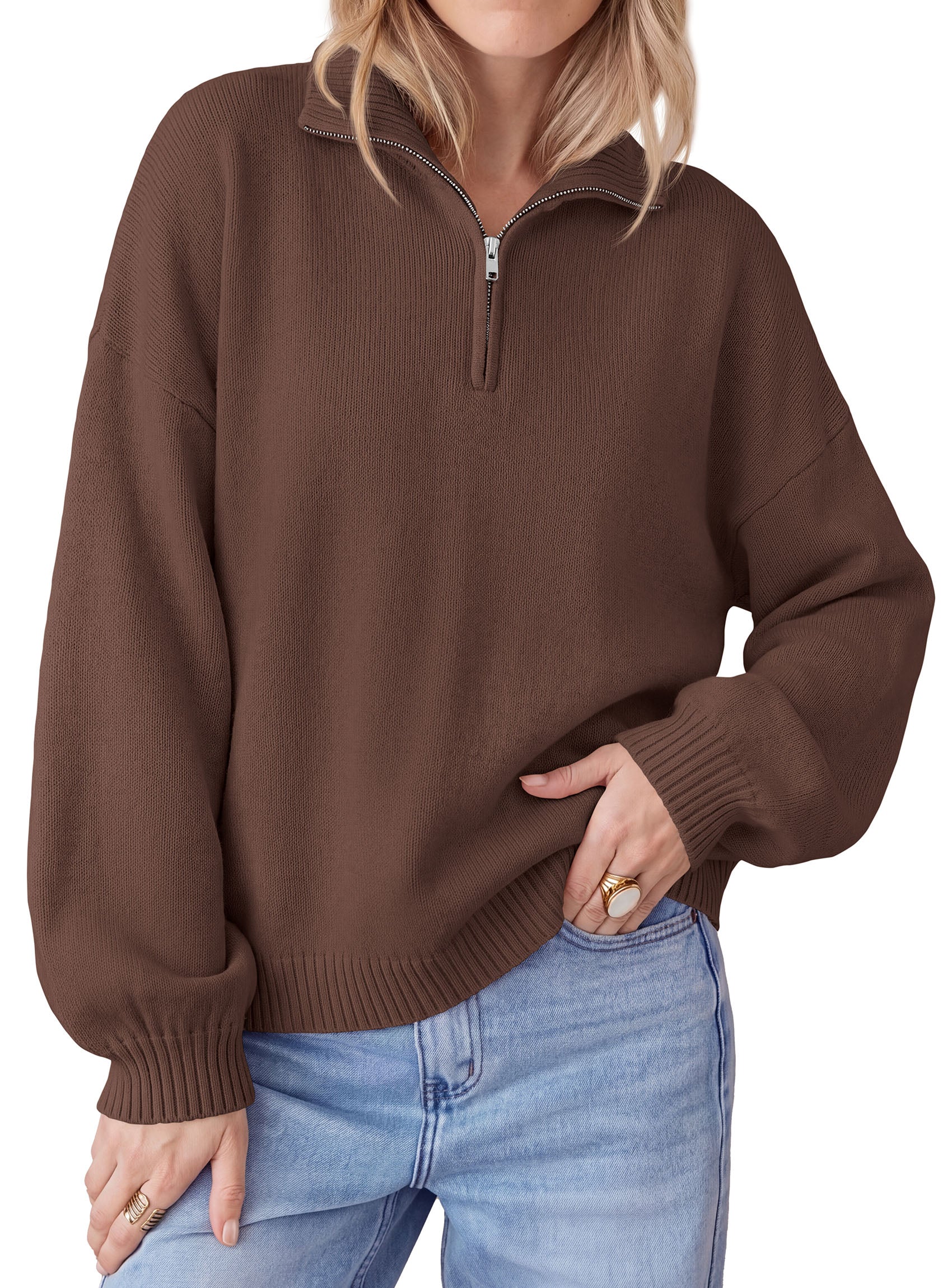 PRETTYGARDEN Women's Quarter Zip Pullover Oversized Sweaters | Collared Neck, Long Balloon Sleeve, Jumper Tops, Soft Cozy Knit, Ribbed Hem, Loose Fit, Fall Outfits, Winter Fashion Clothing