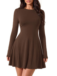 PRETTYGARDEN Womens Fall Mini Dress 2026 Crewneck Long Sleeve Tie Back Waist A Line Flowy Casual Dresses Fashion Outfits