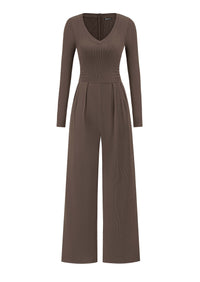 PRETTYGARDEN Womens Fall One Piece Long Sleeve Jumpsuit | Stretchy Ribbed Knit, Fashion Deep V Neck, Wide Leg Romper with Pockets, Work Business Casual Outfits, Trendy Winter Clothes