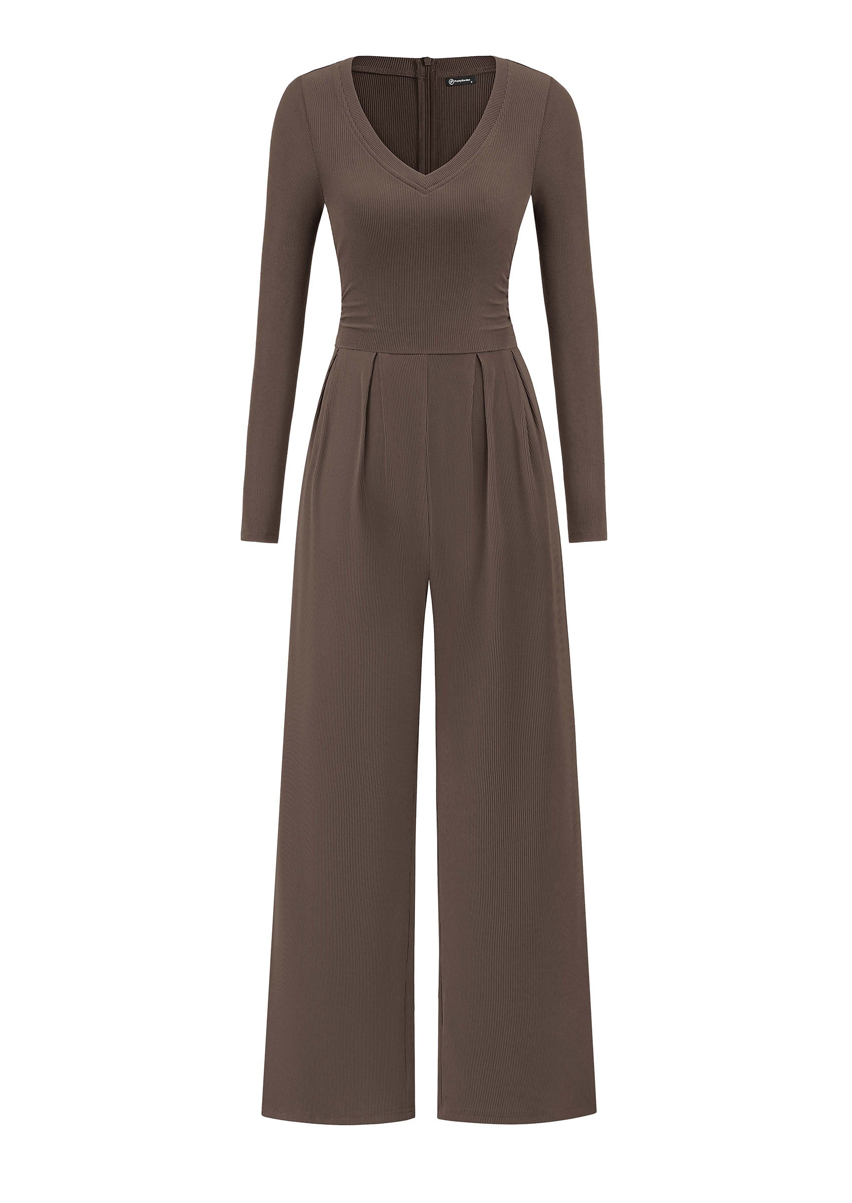 PRETTYGARDEN Womens Fall One Piece Long Sleeve Jumpsuit | Stretchy Ribbed Knit, Fashion Deep V Neck, Wide Leg Romper with Pockets, Work Business Casual Outfits, Trendy Winter Clothes