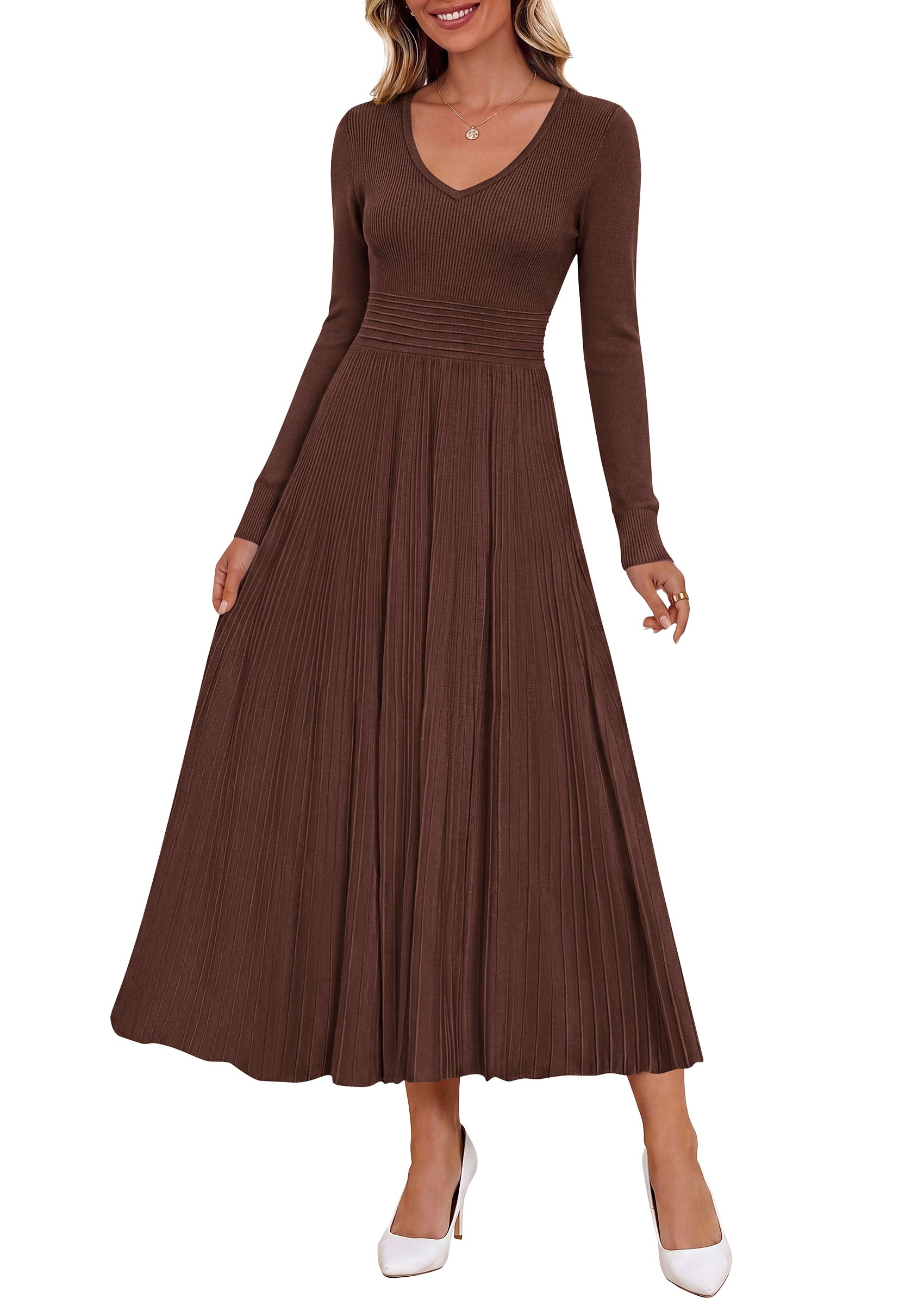 PRETTYGARDEN Women's Fall V Neck Pleated Midi Sweater Dress  Stretchy Ribbed Knit,Long Sleeve,A Line Flowy Skirt,Elegant Long Dresses for Wedding Guest,Work Office,Winter Party Outfits