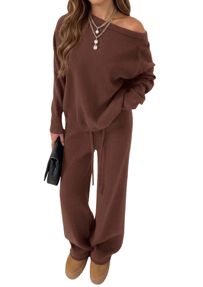 PRETTYGARDEN Lounge Sets Womens Sweaters Two Piece Outfits  Cozy Boat Neck Long Sleeve Tops, Wide Leg Pants with Drawstring, Casual Fall Fashion 2026 Airport & Travel, Knit Matching Set