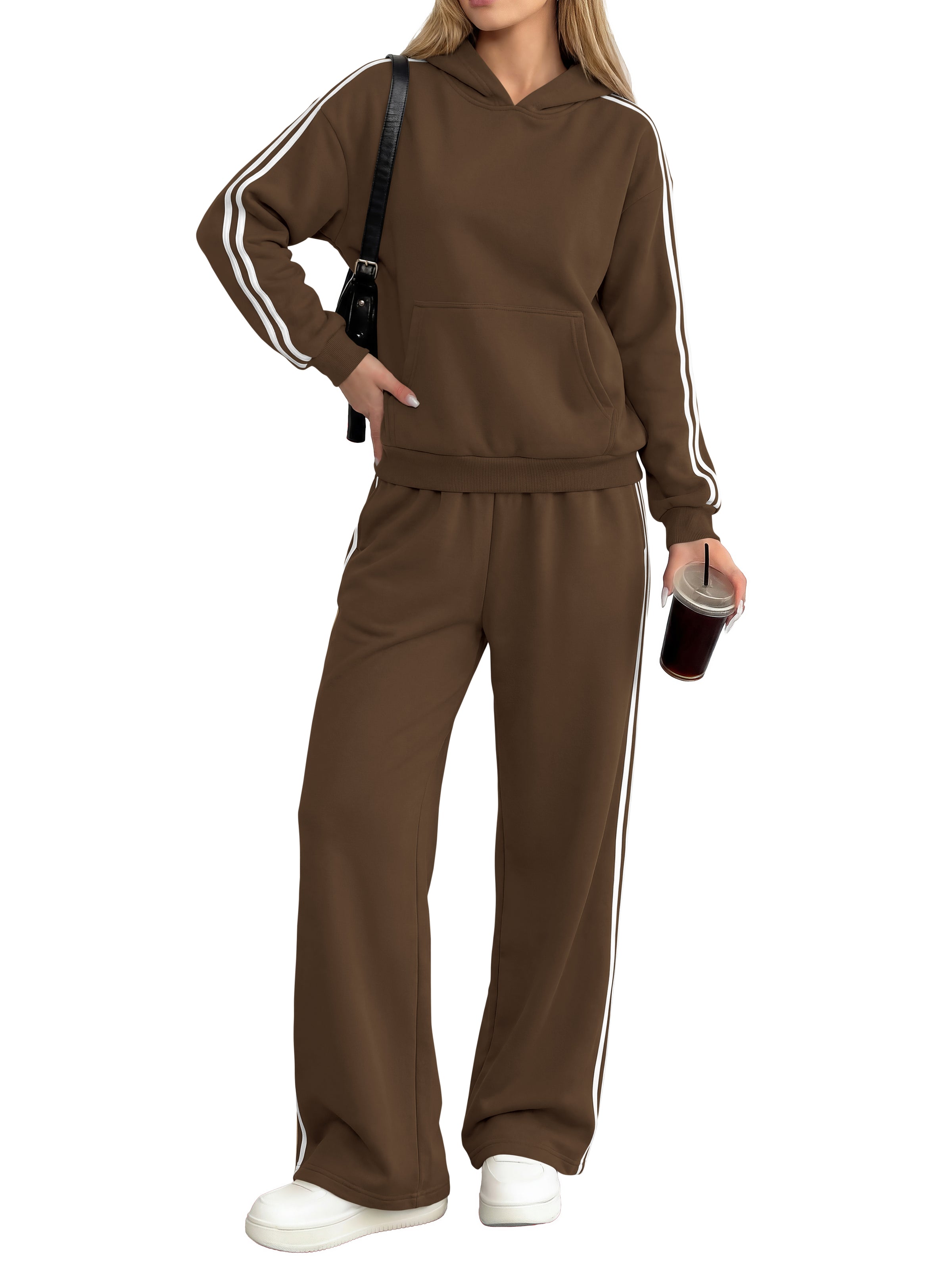 PRETTYGARDEN Women's Sweatsuits Set 2 Piece Striped Hoodie Wide Leg Sweatpants Y2K Retro Casual Tracksuits Travel Fall Outfit