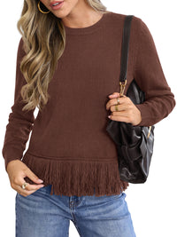 PRETTYGARDEN Womens Crewneck Long Sleeve Fringe Sweaters Pullover Tops Fringed Hemline, Ribbed Knit, Loose Fit, Bohemian Style, Soft Comfy Cute Sweater, Fall Winter Outfits, Casual Daily Wear