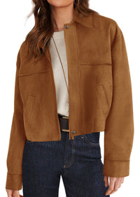 PRETTYGARDEN Women's Faux Suede Cropped Fall Jackets | Soft Zip Up Coats,Classic Lapel Collar,Button Down Shacket,Oversized Casual Outerwear,Trendy Winter Clothes with Pockets