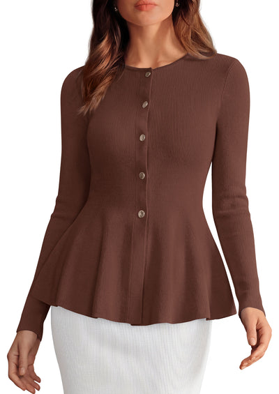 PRETTYGARDEN Women's Fall Lightweight Cardigan Sweaters | Long Sleeve Peplum Tops, Button Up, Slim Fitted, Flared Hem, Soft Ribbed Knit, Business Casual Outfits, Winter Trendy Clothes