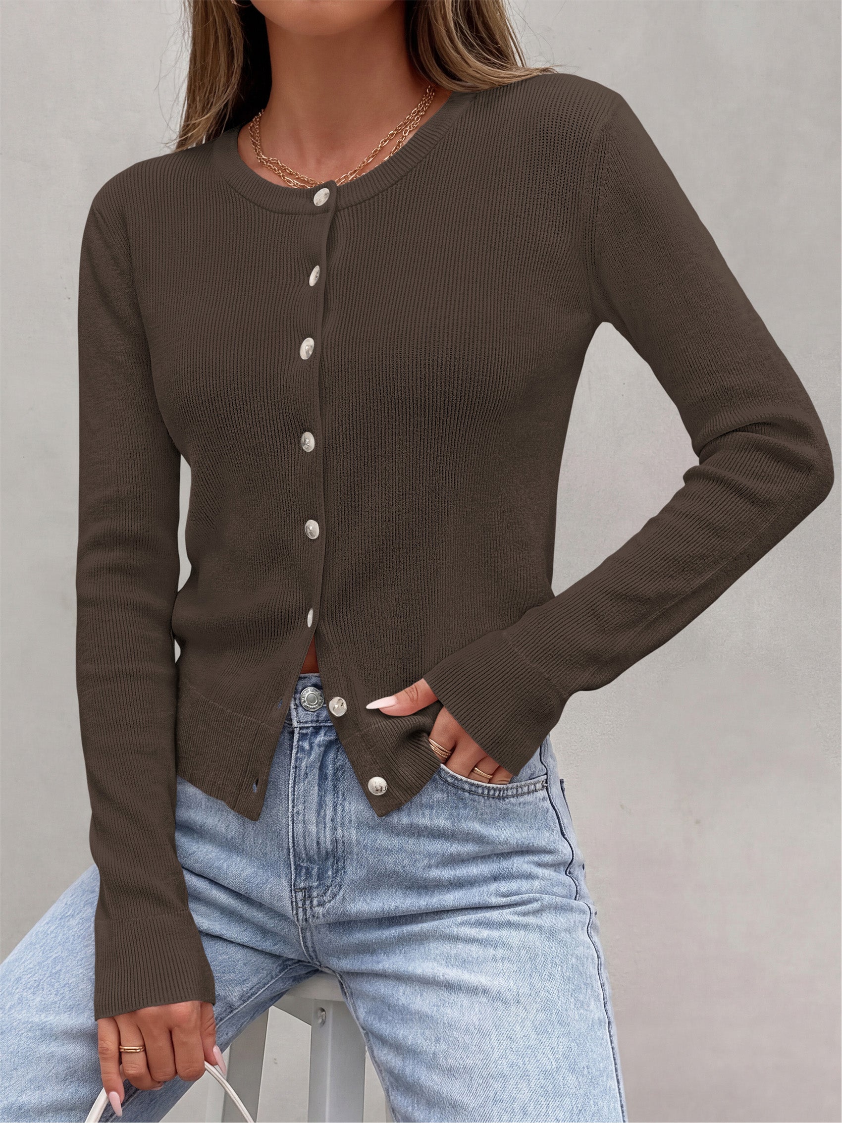 PRETTYGARDEN Fall Fitted Cardigan Sweaters for Women Button Down  | Basic Crewneck Long Sleeve Sweater Tops, Ribbed Trim, Slim Fit, Open Front, Daily Wear, Work, Date, Travel, Fashion Clothing