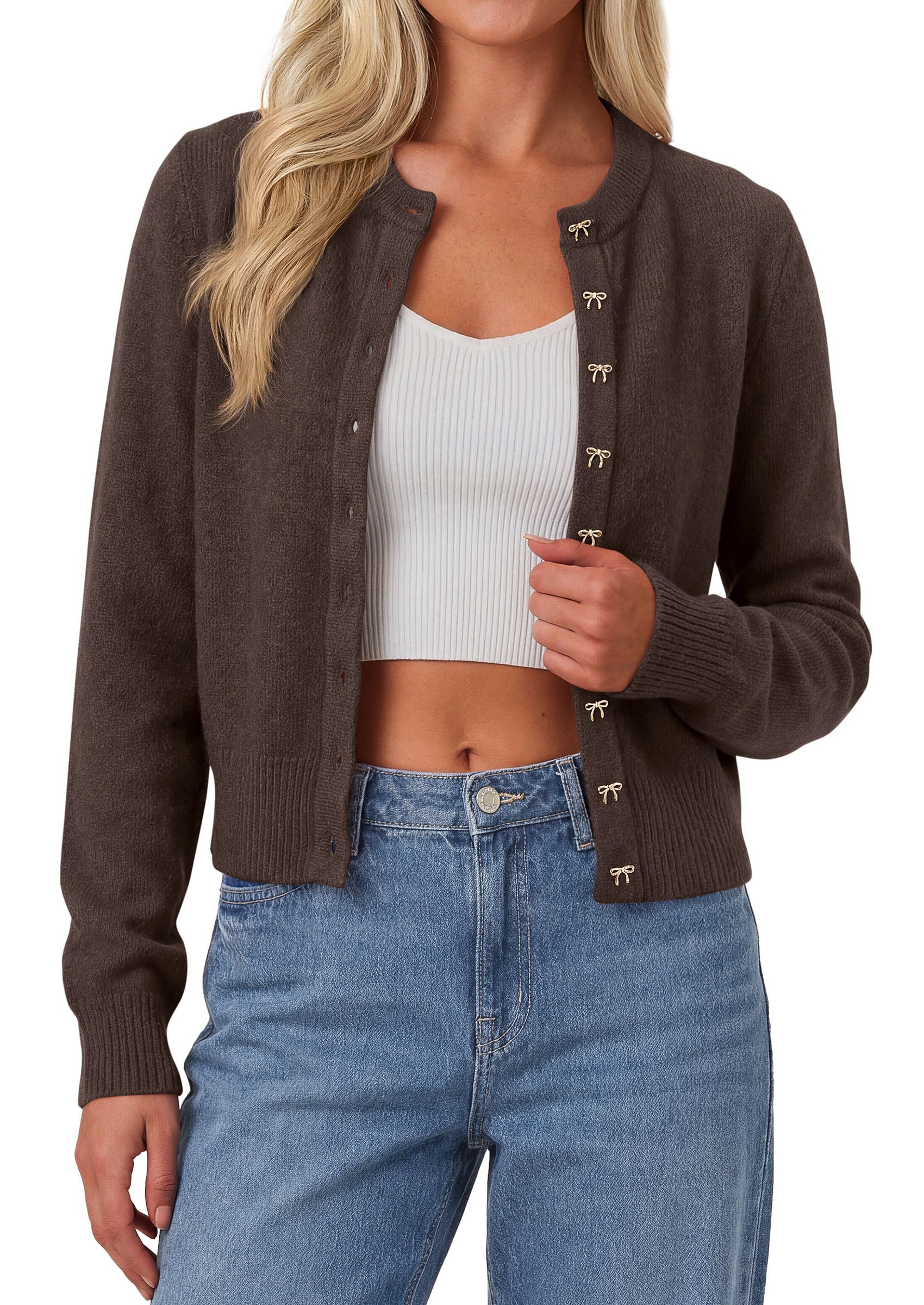 PRETTYGARDEN Womens Cropped Button Up Knit Cardigan Sweater | Cute Crewneck Long Sleeve Lightweight Tops, 2026 Fall Trendy Slim Fit Soft Cozy Casual Cardigans, Holiday Party Sweaters