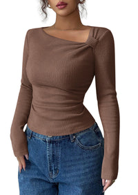 PRETTYGARDEN Womens 2026 Early Fall Fashion Long Sleeve T Shirts Asymmetrical Ribbed Fitted Trendy Going Out Tops Y2K Outfits