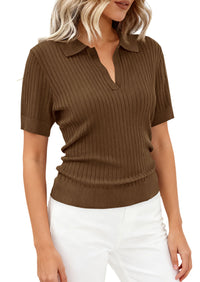 PRETTYGARDEN Women's Short Sleeve Sweater 2026 Spring Polo Shirts Ribbed Knit V Neck Business Casual Tops Summer Work Clothes PRETTYGARDEN