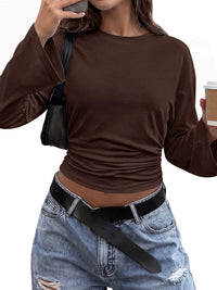 Classic Crewneck Ruched Waist Tee Shirts, Casual Fitted Cute Top, Soft Basic Layering, Y2k Fall Outfits, Fashion Clothing