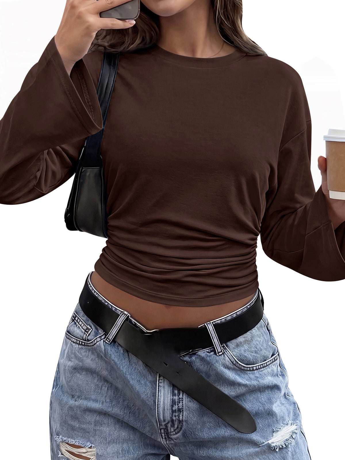 Classic Crewneck Ruched Waist Tee Shirts, Casual Fitted Cute Top, Soft Basic Layering, Y2k Fall Outfits, Fashion Clothing