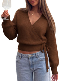 PRETTYGARDEN V Neck Wrap Sweaters for Women Fall Outifts Pullover | Long Sleeve Knit Tops,Cross V Neck with Hidden Snap,Tie Waist,Cozy Warm Winter Clothes for Work,Travel,Vacation,Going Out