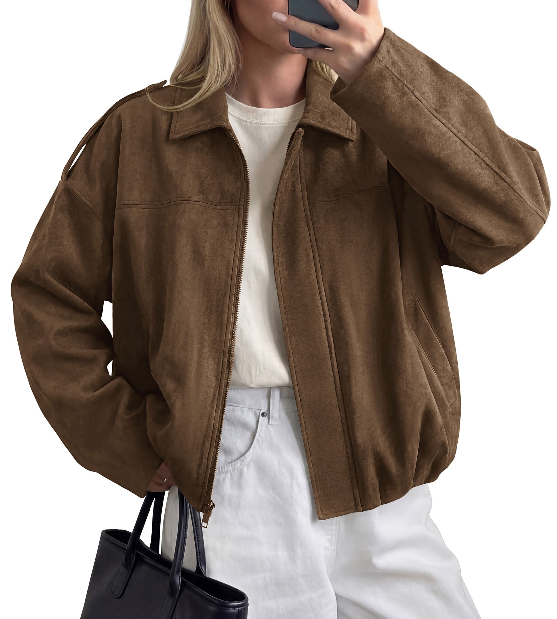 PRETTYGARDEN Women's Faux Suede Cropped Bomber Jacket | Long Sleeve Zip Up Casual Going Out Jackets Coat, Oversized Loose Fit Western Outfits, Trendy Outerwear, Fall Clothes