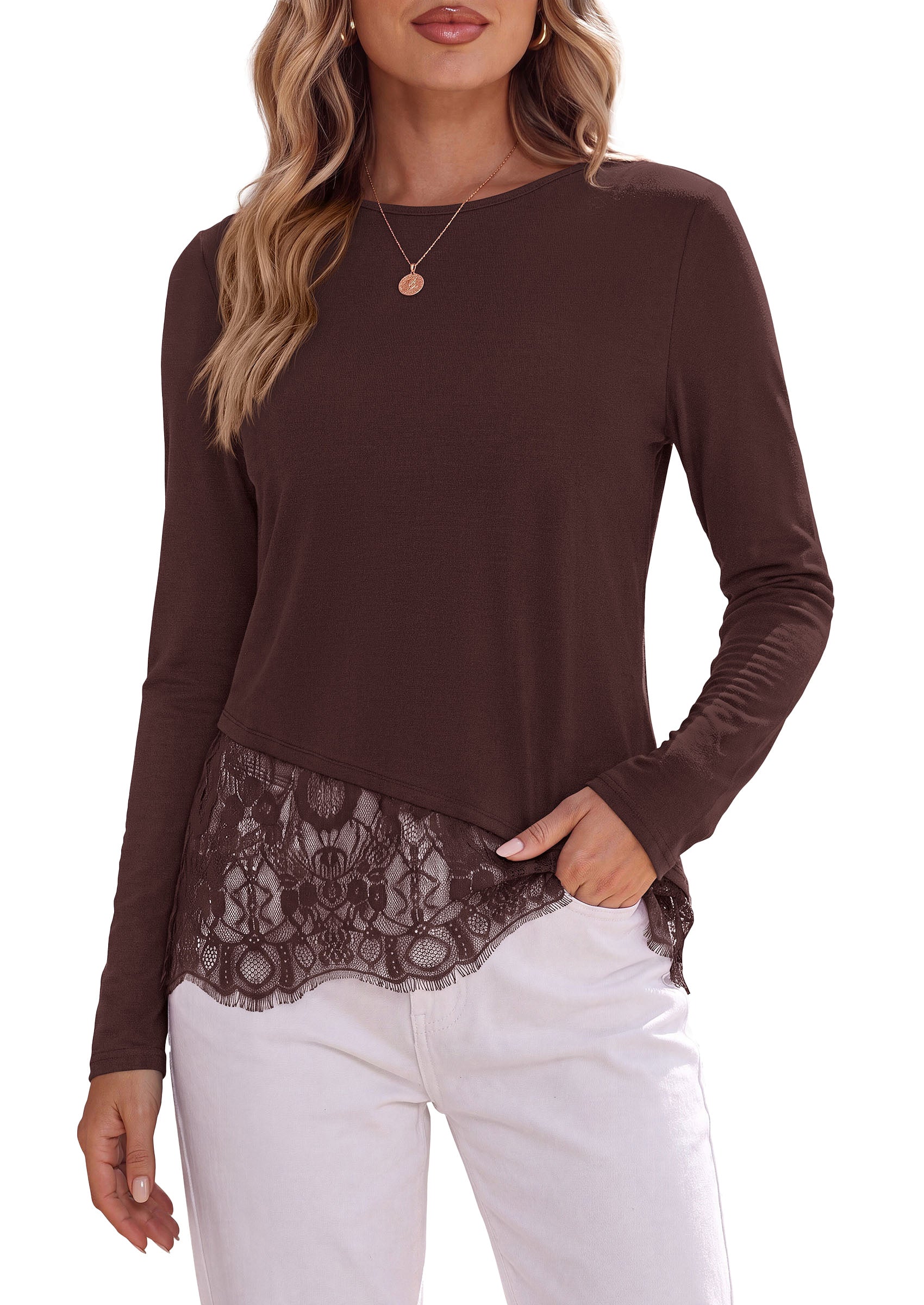 PRETTYGARDEN Women's Lace Patchwork Long Sleeve Shirts | Soft Casual Tops,Irregular Asymmetrical Hem,Crew Neck Thermal Blouses,Loose Fit Layer Tee,Fashion Fall Winter Daily Wear
