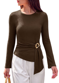 PRETTYGARDEN Long Sleeve Shirts for Women Asymmetricall Tops | Dressy Casual Blouses, Slim Fit Waist Tie Ruched Top, Soft ‌Stretchy, Going Out Work Office Outfit, 2026 Fall Fashion Clothes