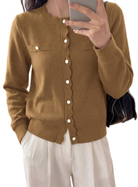 PRETTYGARDEN Cardigan Sweaters for Women Scalloped Button Up Fall Outfits  Soft Knit Long Sleeve Knit Tops,Crew Neck,Business Casual Outfits,Office Work Lightweight Sweater,Layers Clothes