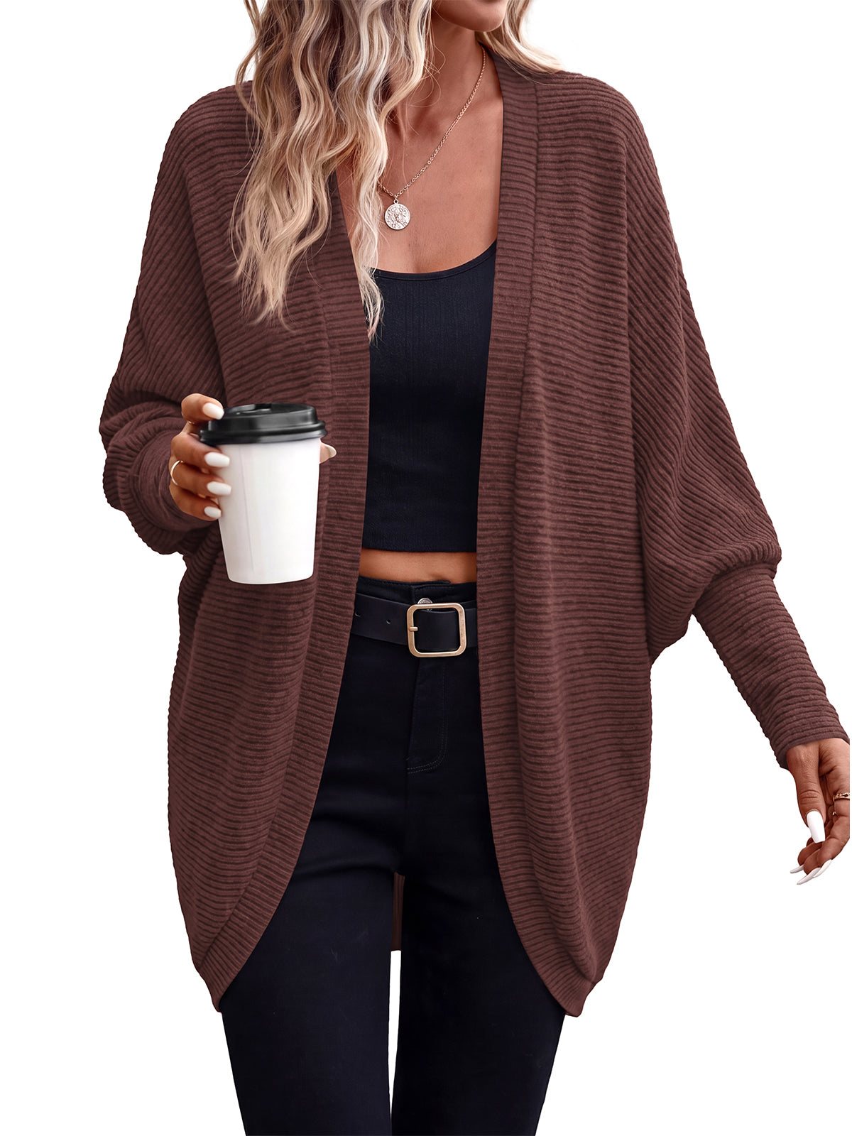 PRETTYGARDEN Batwing Long Sleeve Lightweight Cardigan Sweaters for Women | Batwing Sleeve Long Cardigans, Loose Fit Soft Ribbed Knit Light Weight Sweater, Early Fall Fashion Streetwear, Travel Outfits