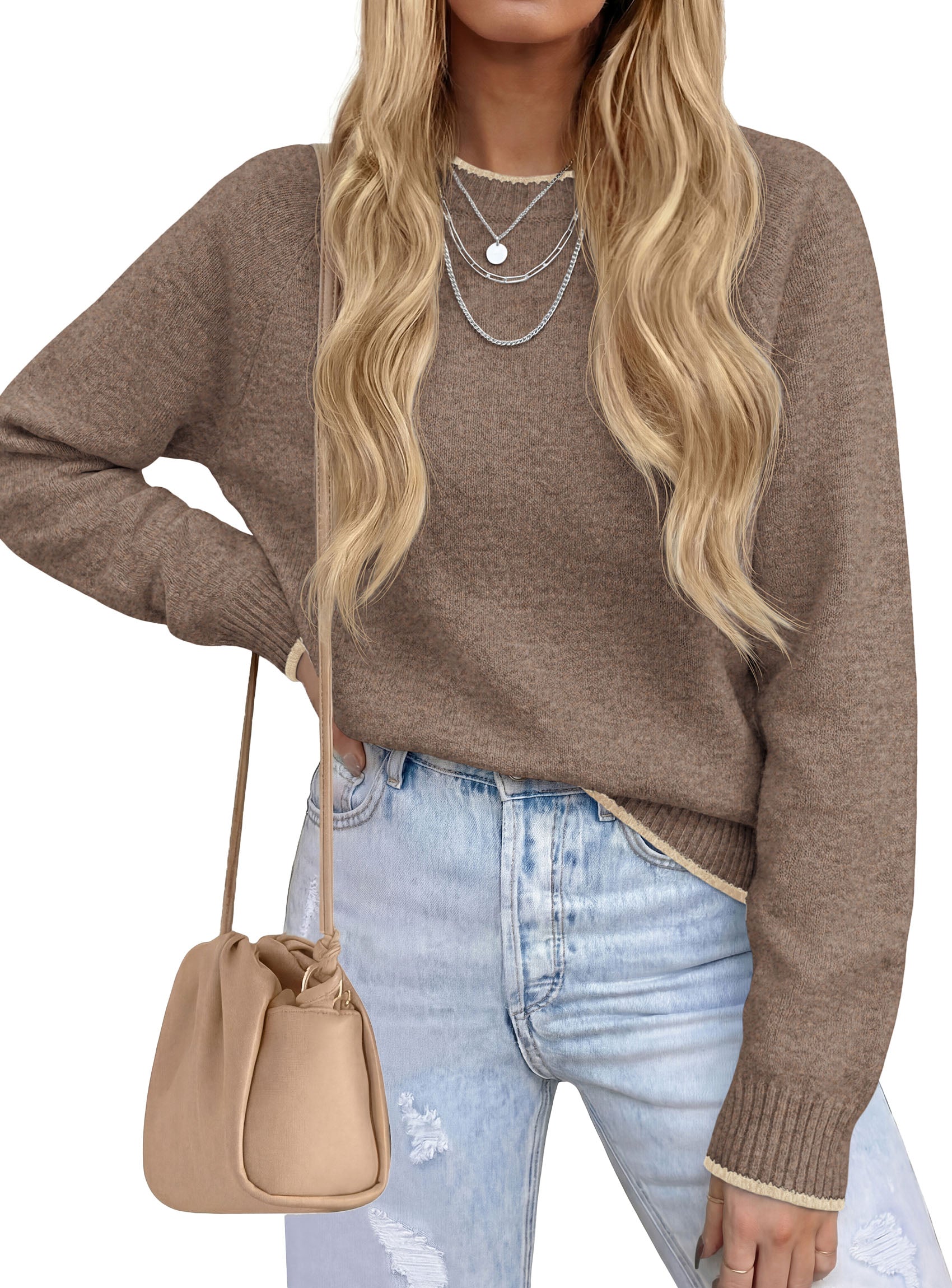 PRETTYGARDEN Womens Crewneck Fall Sweaters Pullover Tops | Soft Stretchy Knit,Reglan Long Sleeve,Ribbed Cuffs,Color Block,Casual Daily Outfits,Office Work Clothes,Winter Layering Wear