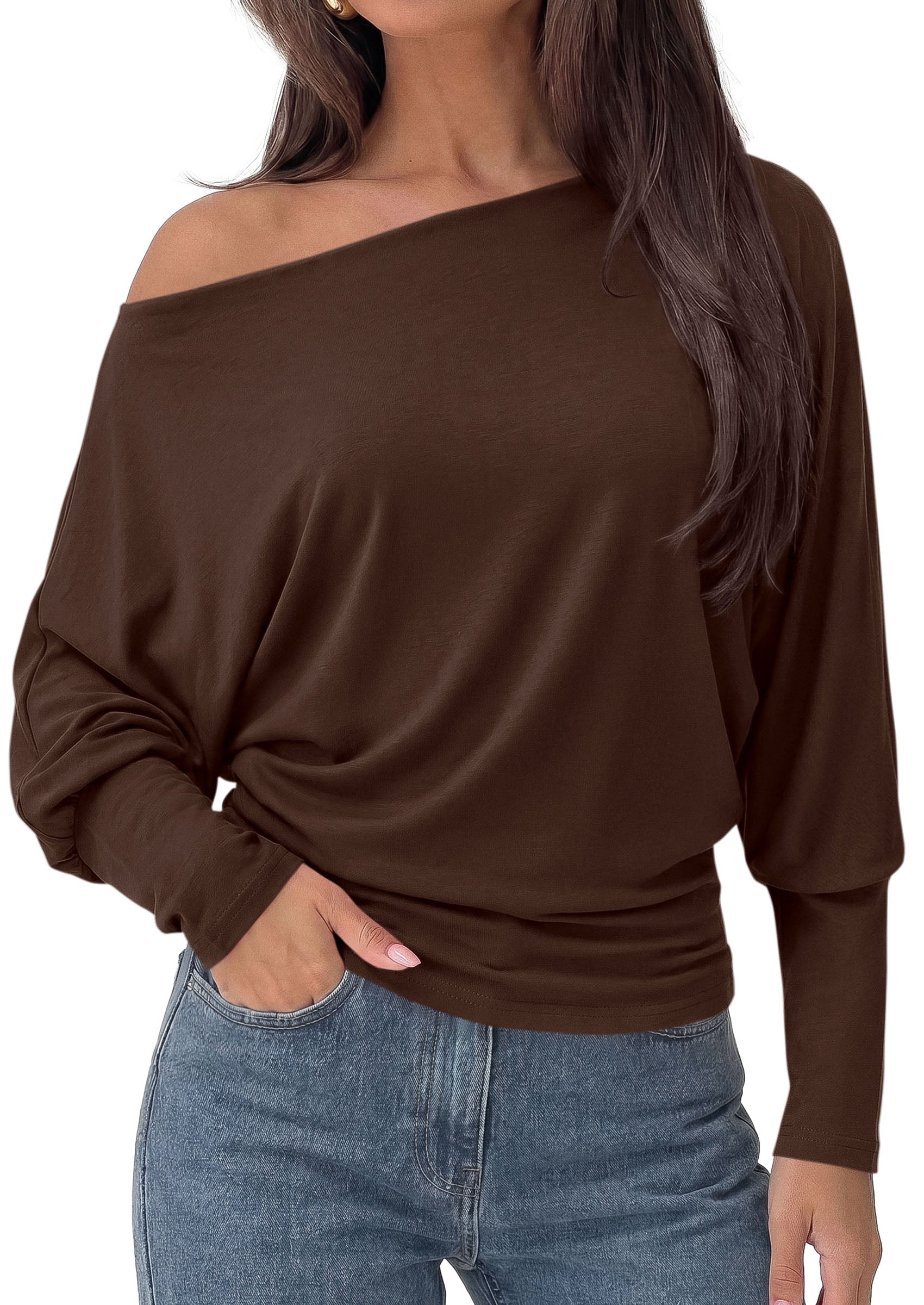PRETTYGARDEN Womens Off Shoulder Batwing Long Sleeve Shirts | Asymmetrical Off The Shoulder Cinched Waist, Soft Dressy Casual Blouse, Going Out Tops, Transitional Fall & Spring Wear