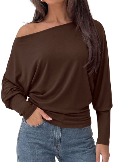 PRETTYGARDEN Womens Off Shoulder Batwing Long Sleeve Shirts | Asymmetrical Off The Shoulder Cinched Waist, Soft Dressy Casual Blouse, Going Out Tops, Transitional Fall & Spring Wear