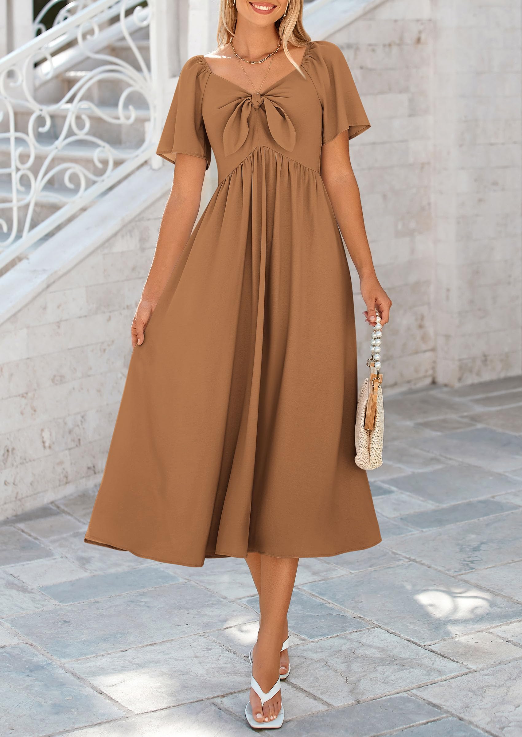 PRETTYGARDEN Summer Dress for Women Casual Short Sleeve Bow Tie V Neck Ruffle Midi Flowy Dresses