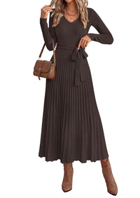 PRETTYGARDEN Womens Fall Maxi Long Sleeve Sweater Dress  Soft Stretchy Knit, V Neck A Line Dresses with Bow, Flowy Pleated Hem, Cocktail Party Outfits, Trendy Winter Clothes