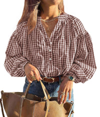 PRETTYGARDEN Women Fall Plaid Long Puff Sleeve Shirts V Neck Casual Blouses  Gingham Button Down Oversized, Pleated Drop Shoulder Cotton Tops, Dressy Casual, Work Vacation Travel, Fall Outfits Trendy