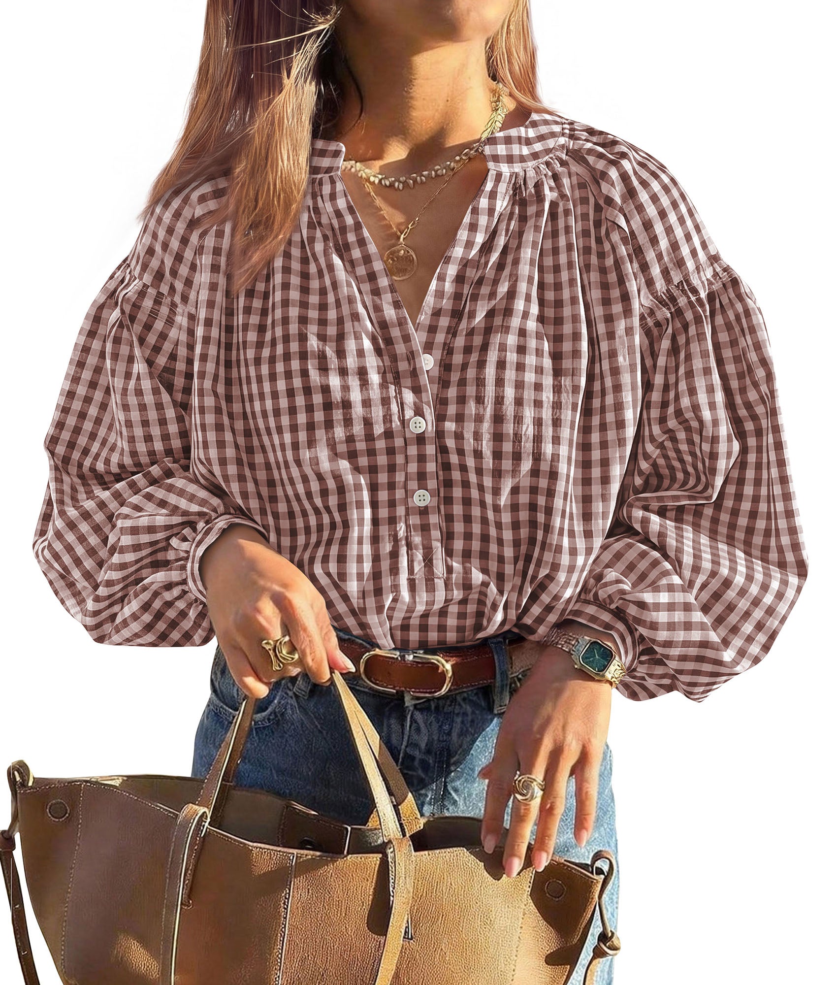 PRETTYGARDEN Women Fall Plaid Long Puff Sleeve Shirts V Neck Casual Blouses  Gingham Button Down Oversized, Pleated Drop Shoulder Cotton Tops, Dressy Casual, Work Vacation Travel, Fall Outfits Trendy