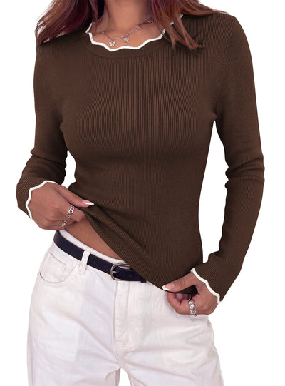 PRETTYGARDEN Women's Long Sleeve Ribbed Knit Pullover Sweaters | Contrast Trim, Going Out Tops, Soft Stretch Fabric, Slim Fitted, Scallop Edge, Casual Fall Outfits, Layering Winter Clothing