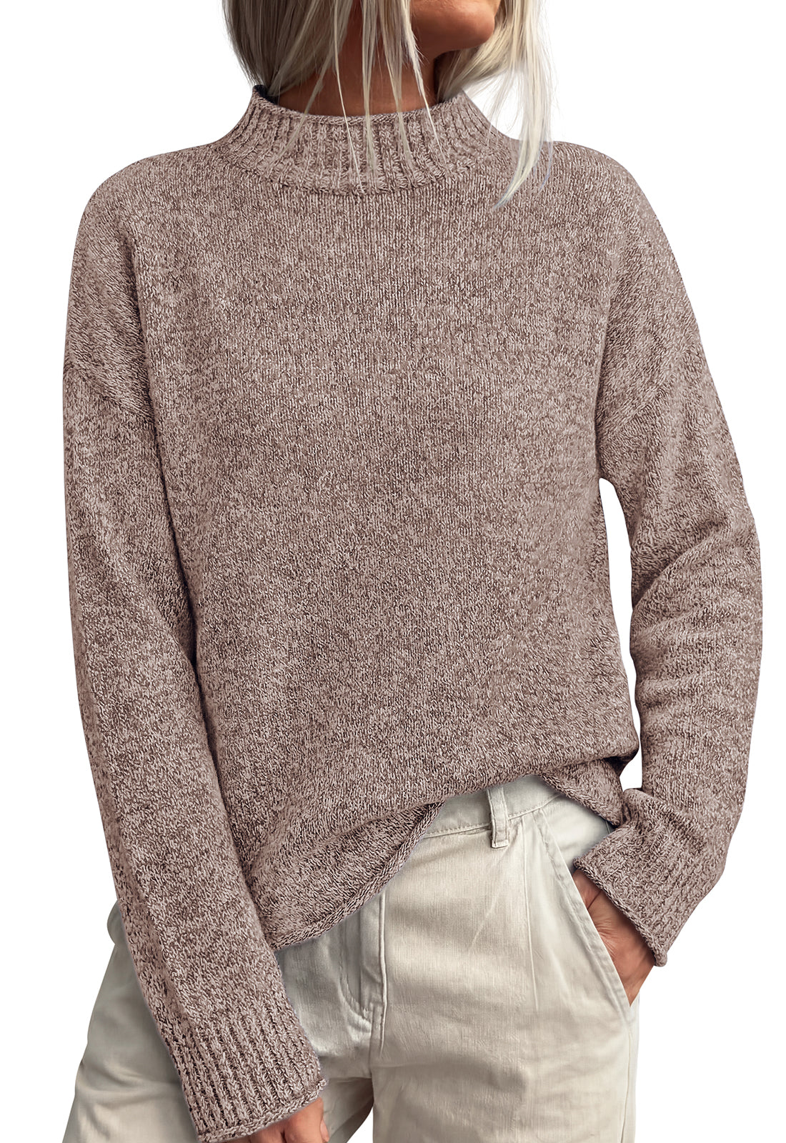 PRETTYGARDEN Womens Sweaters 2026 Mock Neck Ribbed Knit Fall Outfits | Long Sleeve Pullover Tops, Rolled Edge, Loose Fit, Soft Cotton Fabric, Comfy Cozy Sweater, Versatile Casual Cute Clothes