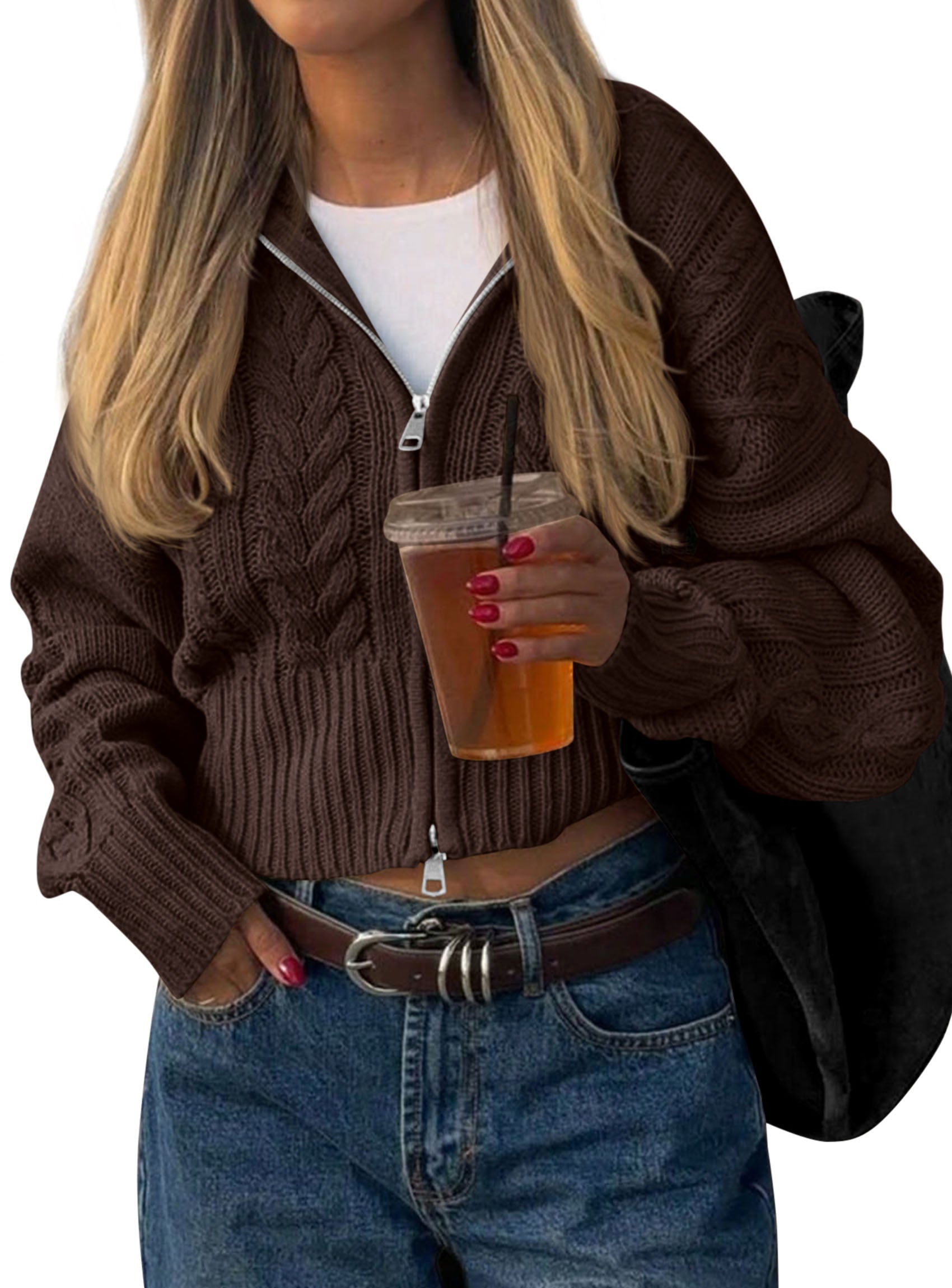 PRETTYGARDEN Women's Cable Knit Cropped Cardigan Sweaters | Oversized Sweater, Long Sleeve Zip Up Jacket, Collared Neck, Ribbed Hem, Cozy Soft Casual Wear, Fall Clothes Winter Outerwear