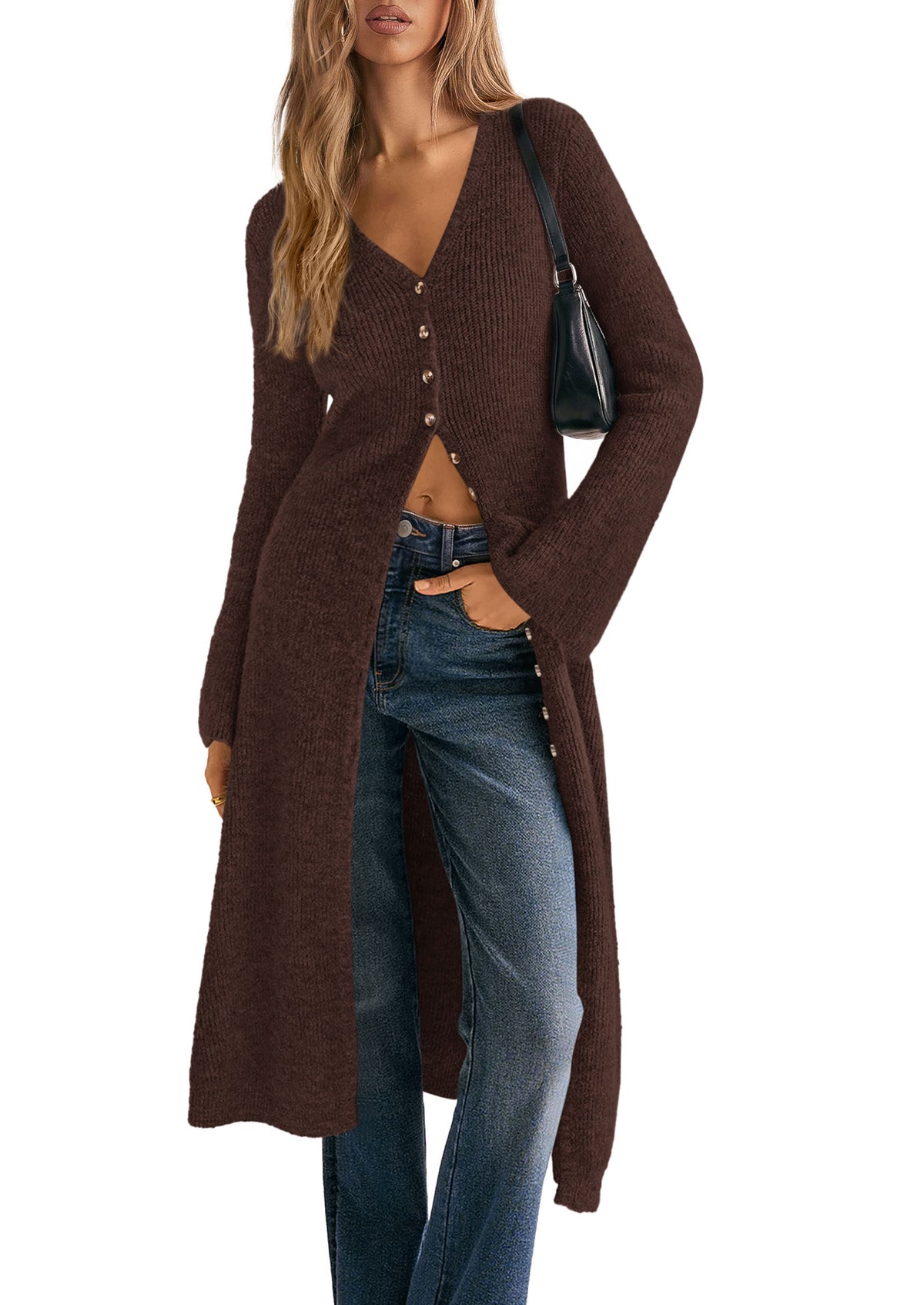 PRETTYGARDEN Women Long Cardigan Bell Sleeve Sweater Dress  Early Fall Fashion, V Neck Button Down Coats, Fit and Flare, Duster Sweater, Business Casual Outfits, Acrylic Cotton Blend