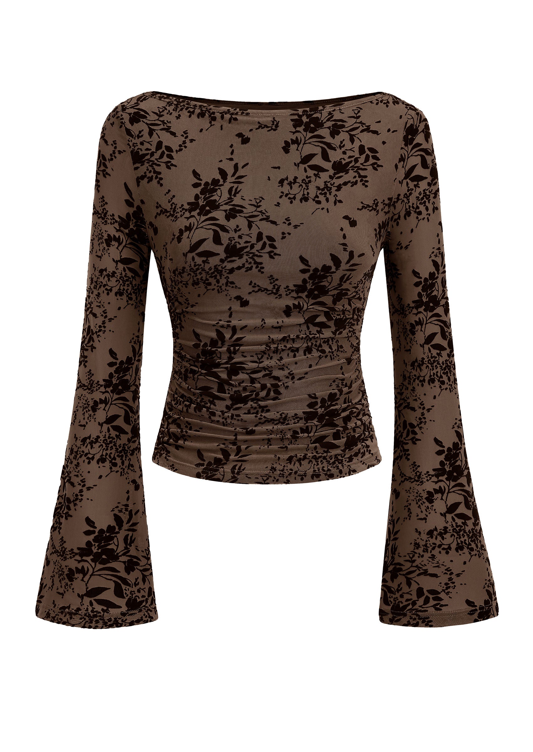 PRETTYGARDEN Women's Bell Sleeve Floral Mesh Crop Tops | Slim Fitted Shirts, Long Sleeve Going Out Top, Ruched Front, Boat Neck, Casual Blouses, Fall Date Night Outfits, Y2K Clothes
