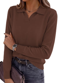 PRETTYGARDEN Womens Long Sleeve Collared Polo Sweater V Neck Knit Ribbed Business Casual Pullover Sweaters 2026 Fall Outfits