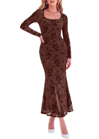 PRETTYGARDEN Women's Long Sleeve Floral Maxi Bodycon Dress  Cocktail Dresses for Wedding Guest, Square Neck, Stretchy Mesh, Elegant Classy, Formal Holiday Party, Fall Date Night Outfits