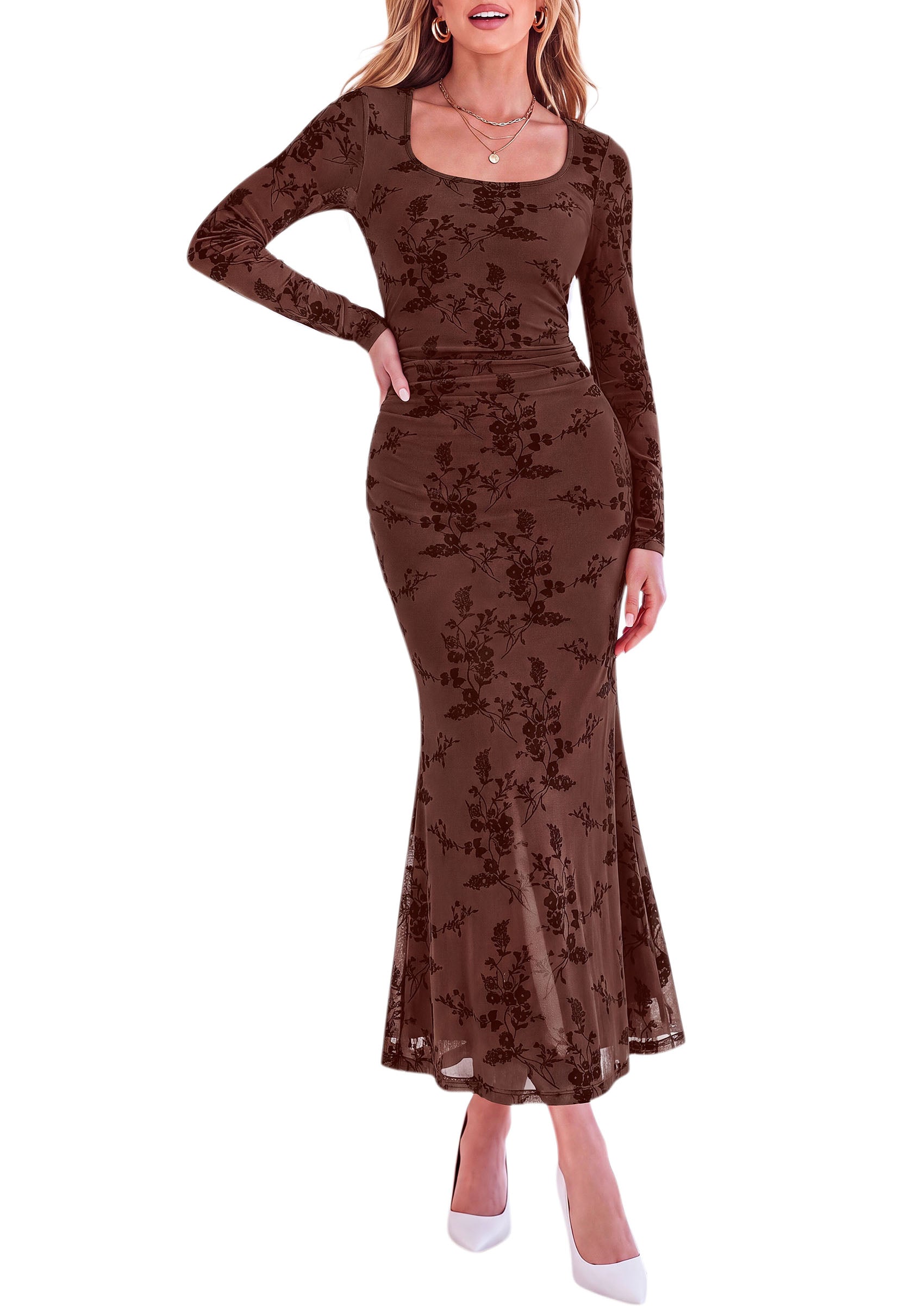 PRETTYGARDEN Women's Long Sleeve Floral Maxi Bodycon Dress  Cocktail Dresses for Wedding Guest, Square Neck, Stretchy Mesh, Elegant Classy, Formal Holiday Party, Fall Date Night Outfits