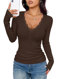 PRETTYGARDEN Women's Lace Trim Ribbed Knit Henley Long Sleeve Shirts Lightweight Button Up V Neck Pullover Tops, Dressy Casual Slim Fit Ladies Blouses, 2026 Early Fall Fashion Y2k Outfits