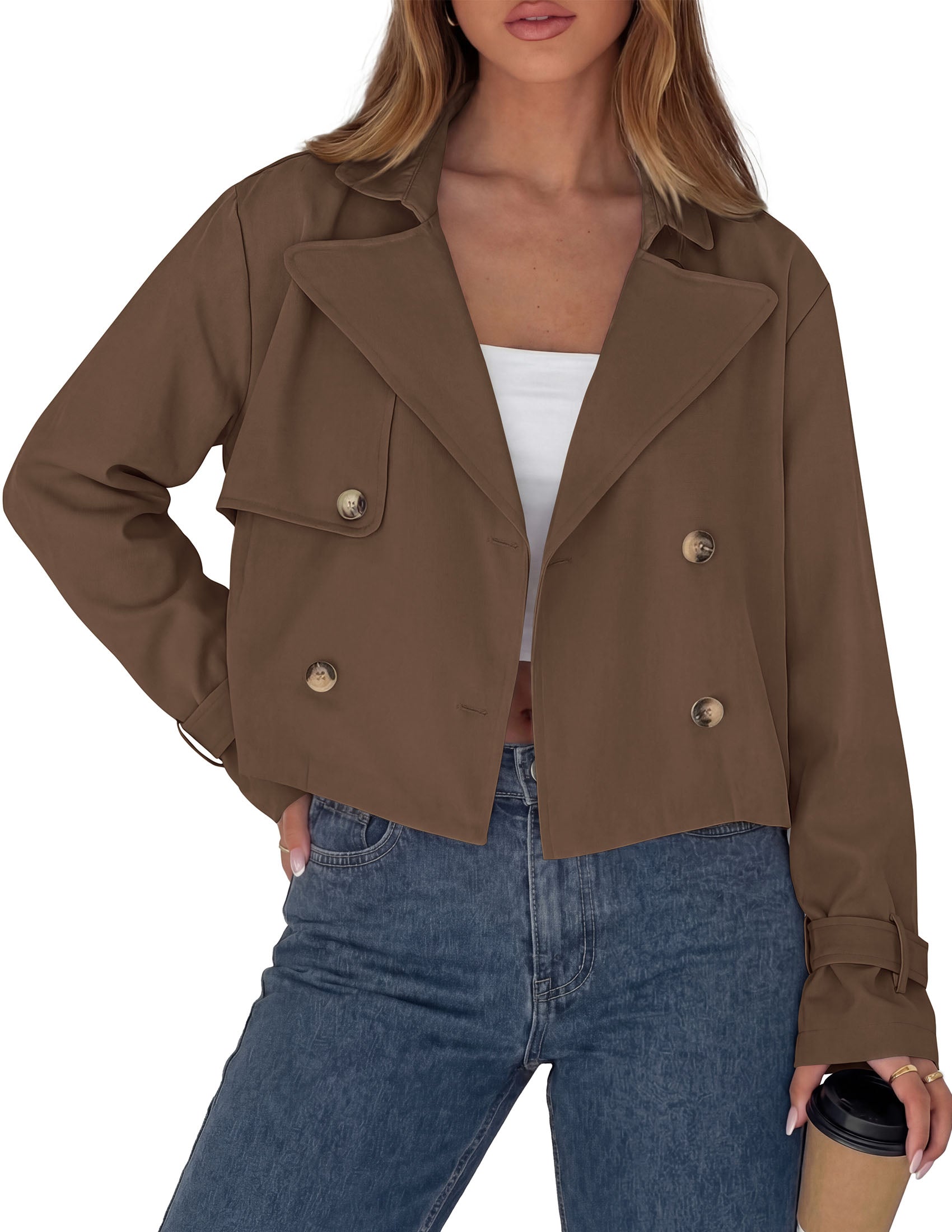 PRETTYGARDEN Cropped Trench Coat For Women Short Jacket  Soft Lightweight Coats, Lapel Double Breasted, Long Sleeve Loose Fit, Casual Work Office Jackets, Fall Winter Outwear