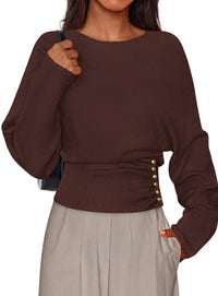 PRETTYGARDEN Batwing Sleeve Sweaters For Women Pullover Fall Clothes						 					  Cozy Ribbed Knit, Single Side Button,  Cinched Waist, Business Casual Work Outfits , 2026 Trendy Fall Winter Fashion Clothing